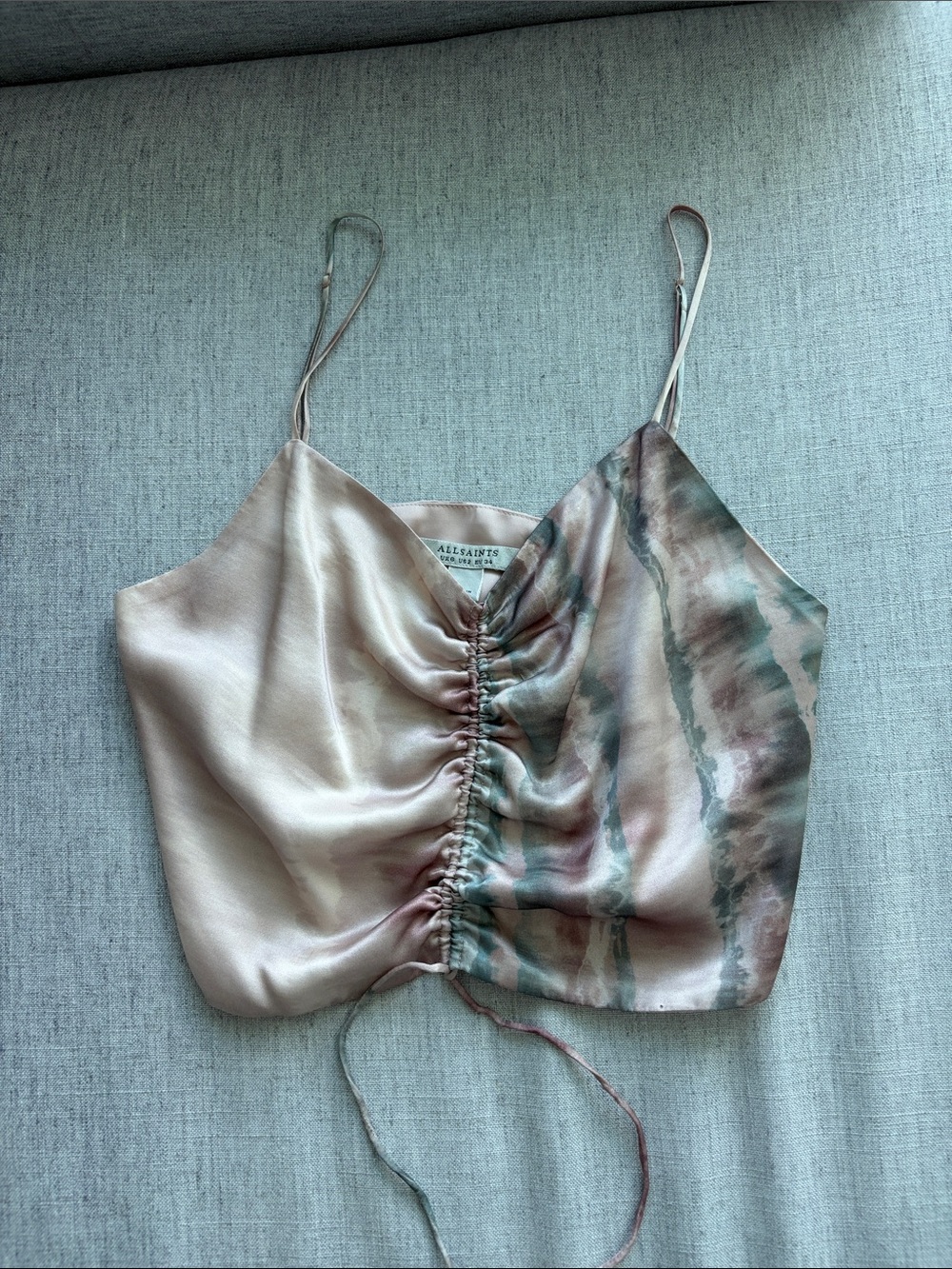 AllSaints Pink and Green Marble Ruched Satin Cami
